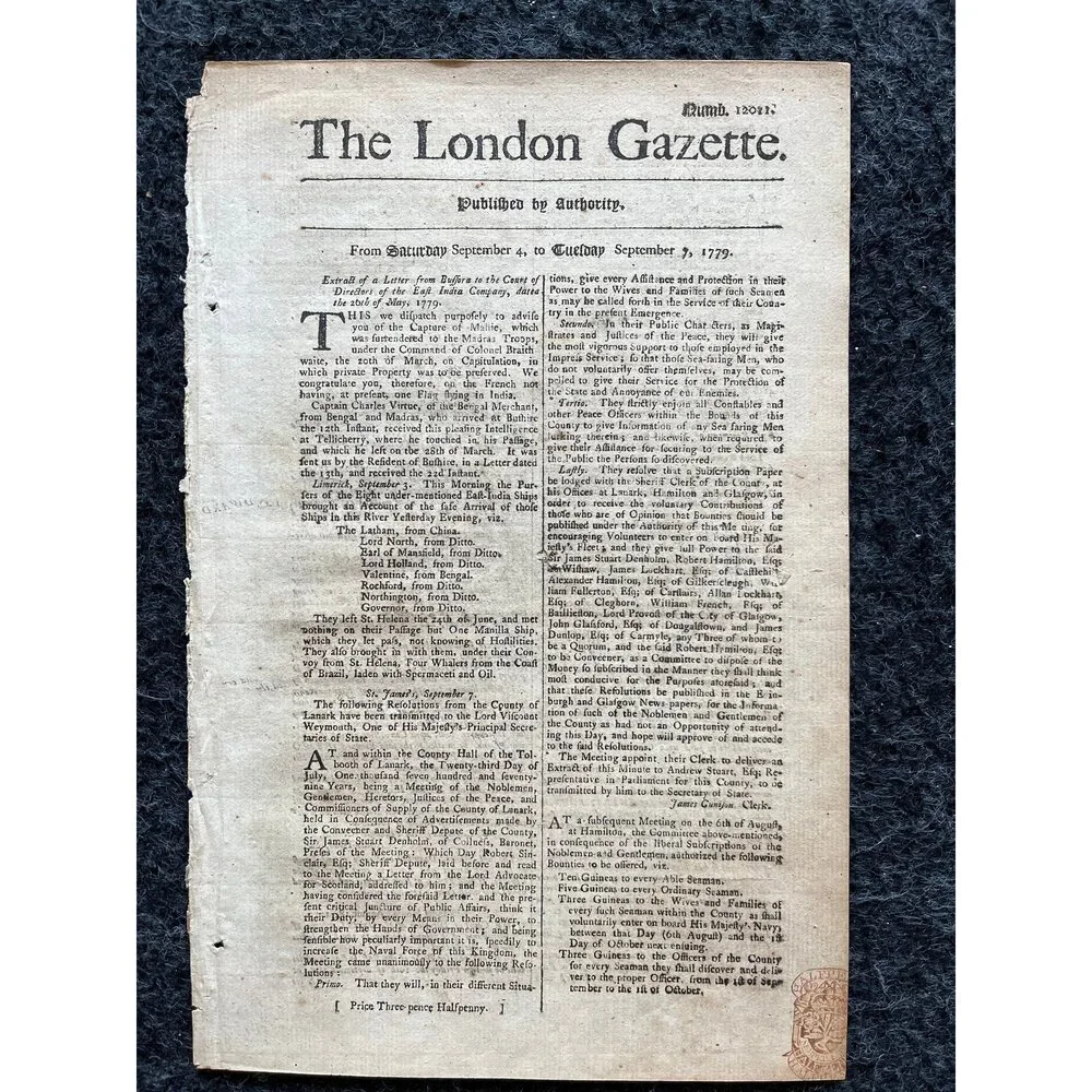 1779 British East India Company, London Gazette, History Wall Art, Original Ant